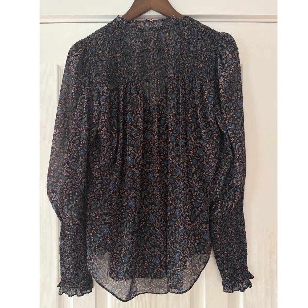 Veronica Beard Floral Smocked Neck Blouse Navy Blue Chiffon Top 4 - Picture 2 of 5